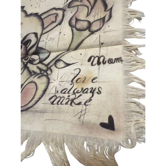 Vtg Hand-Drawn Fringed Fabric Art Teddy Bear Rose For You Text Sentimental Gift - Picture 6 of 7